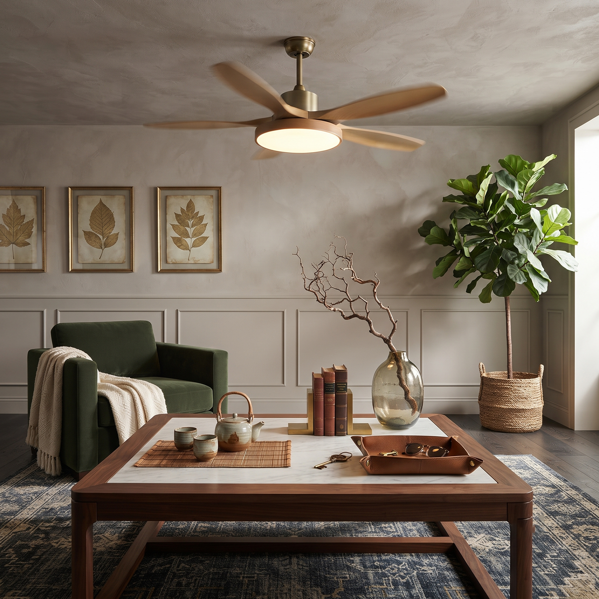 Streamline Ceiling Fan Light in oak for Living Room by AUVIELIGHT
