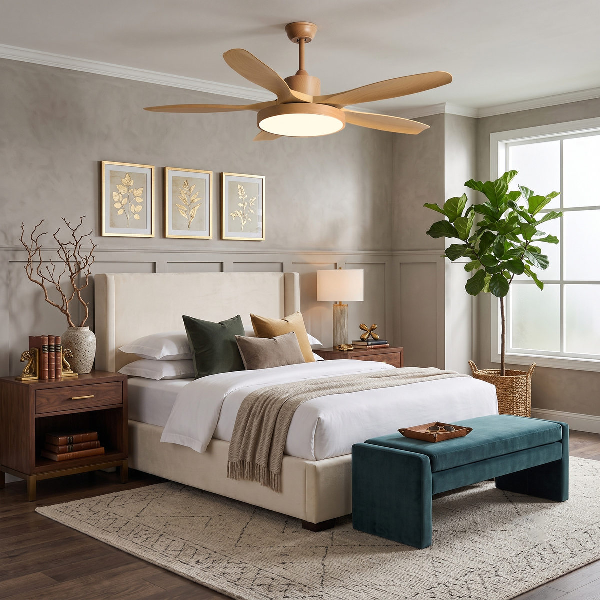 Streamline Ceiling Fan Light in oak for Living Room by AUVIELIGHT