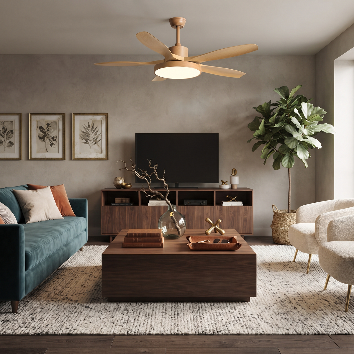 Streamline Ceiling Fan Light in oak for Living Room by AUVIELIGHT