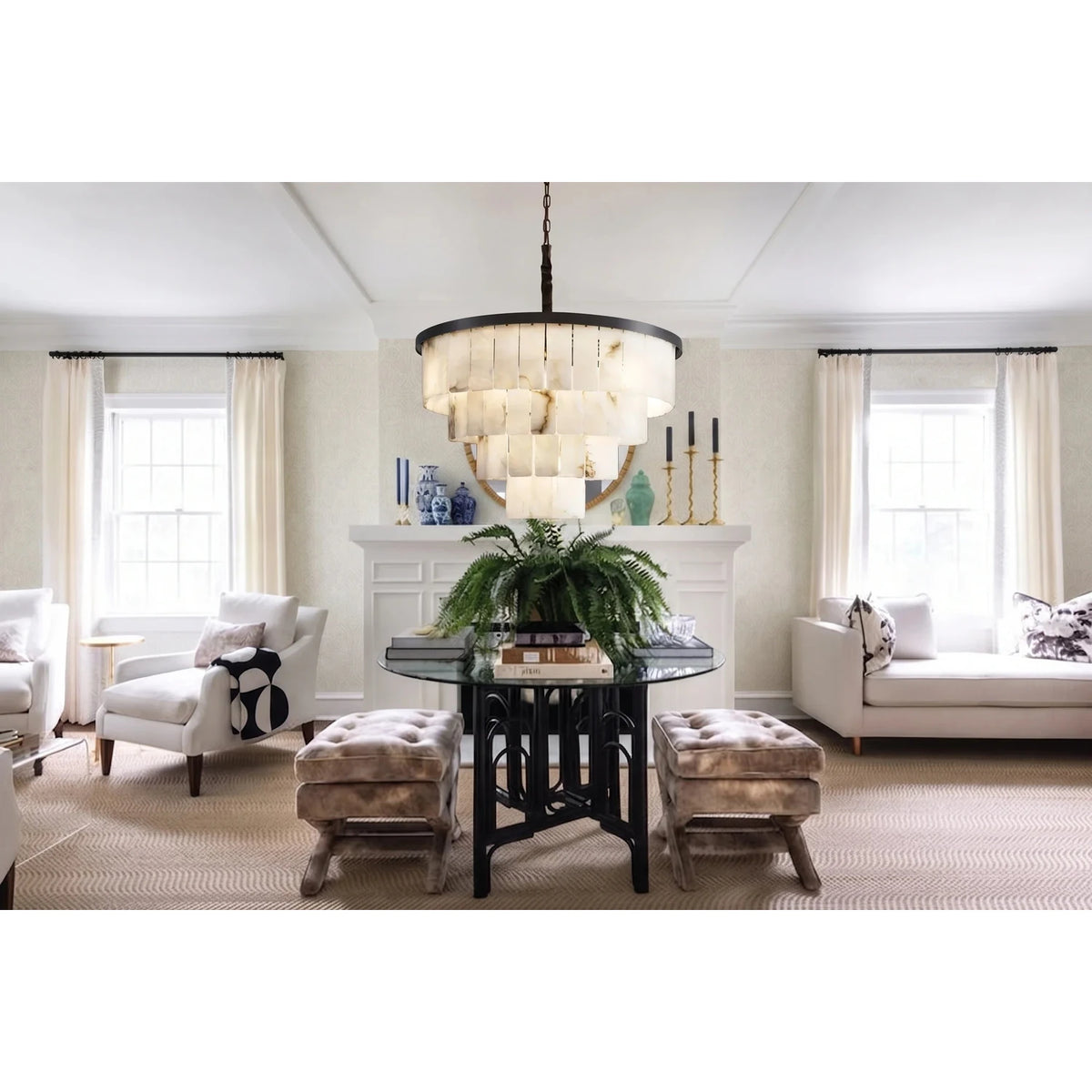 Tiered Chandelier in alabaster for Dining Room light fixture by AUVIELIGHT