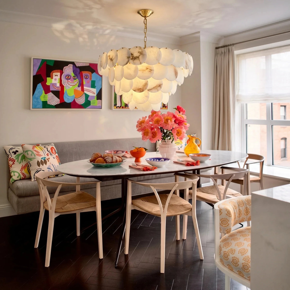 Tiered Disc Chandelier in alabaster for Dining Room by AUVIELIGHT
