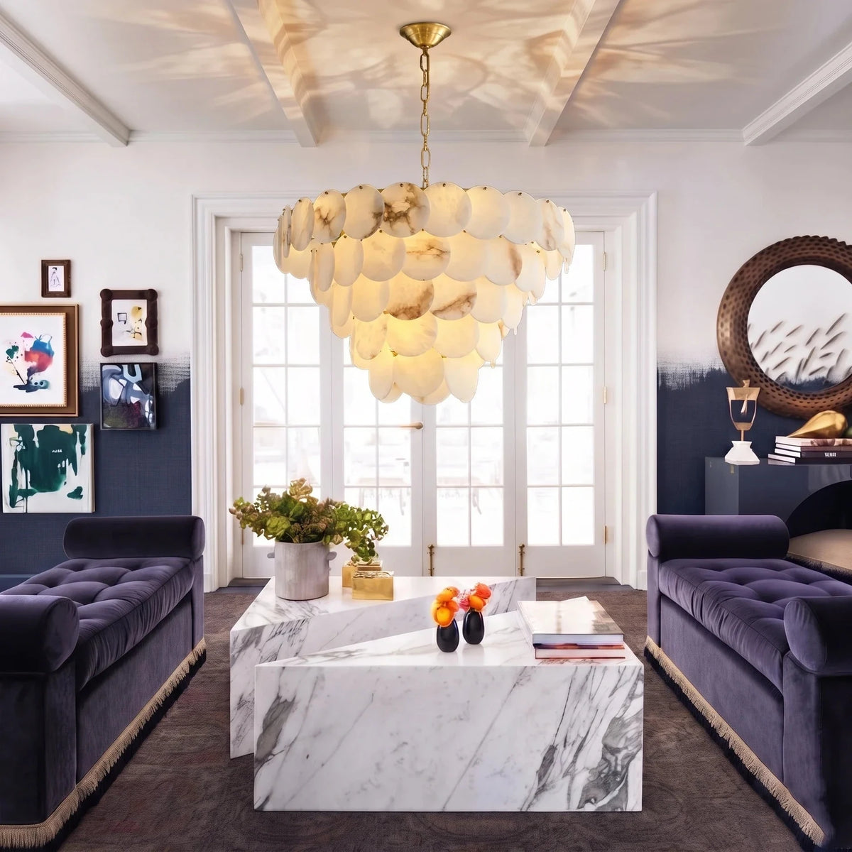 Tiered Disc Chandelier in alabaster for Dining Room by AUVIELIGHT