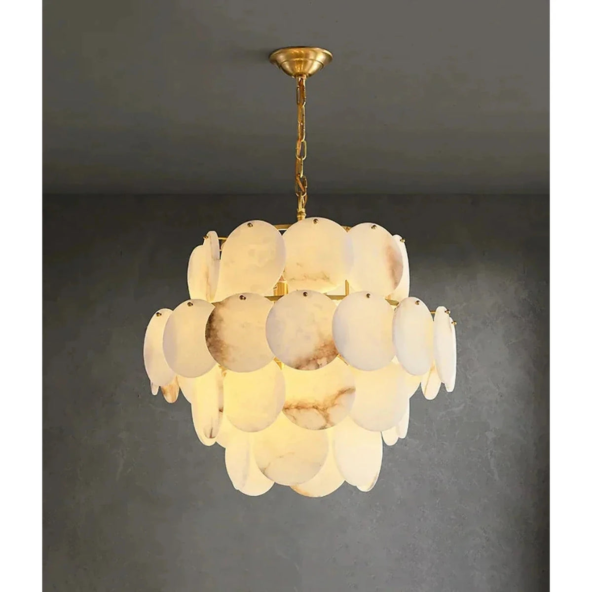 Tiered Disc Chandelier in alabaster for Dining Room by AUVIELIGHT, 4 Layers Dia 60cm x H 75cm / ∅ 23.6″ x H 29.5″ / Brass & White