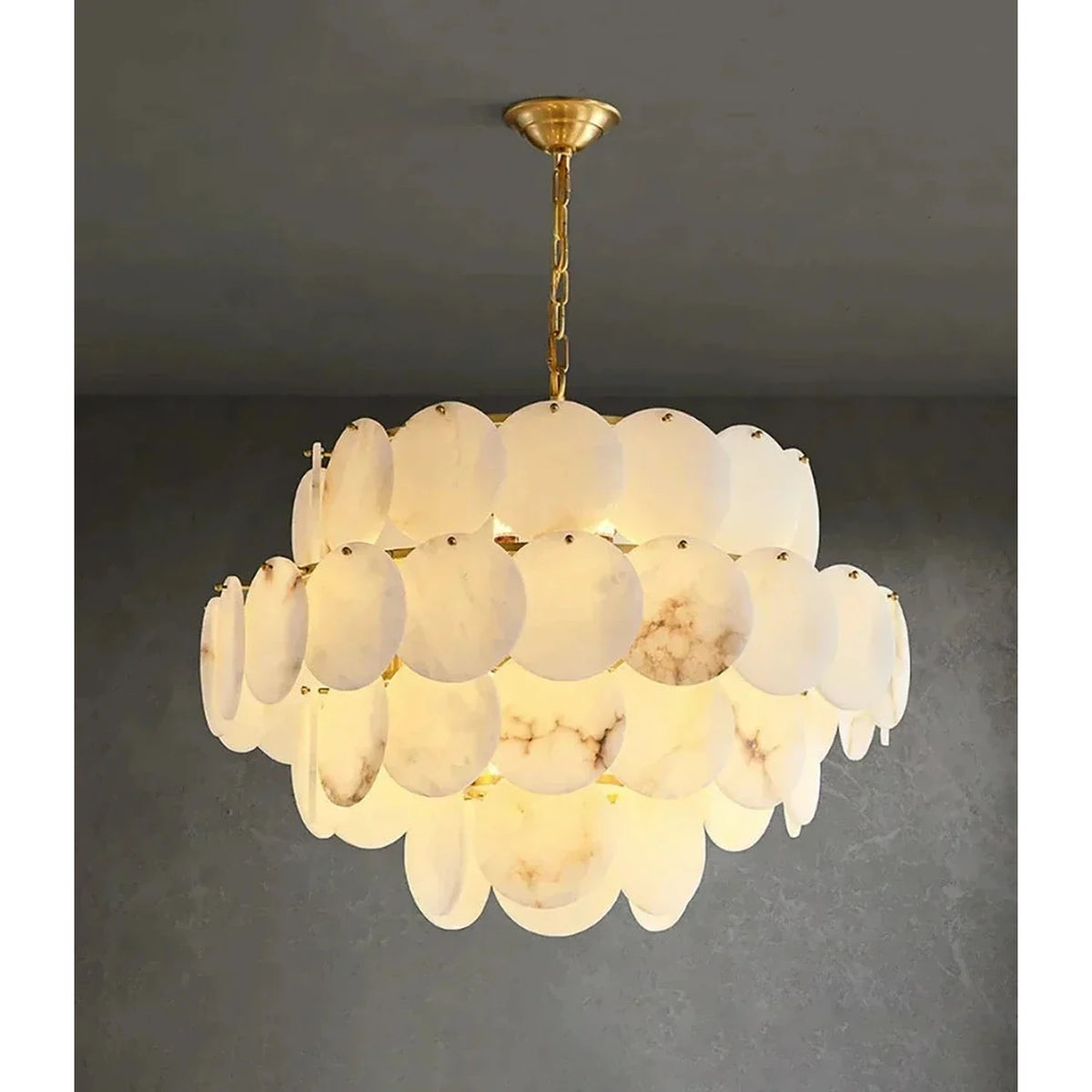 Tiered Disc Chandelier in alabaster for Dining Room by AUVIELIGHT, 4 Layers Dia 80cm x H 75cm / ∅ 31.5″ x H 39.5″ / Brass & White