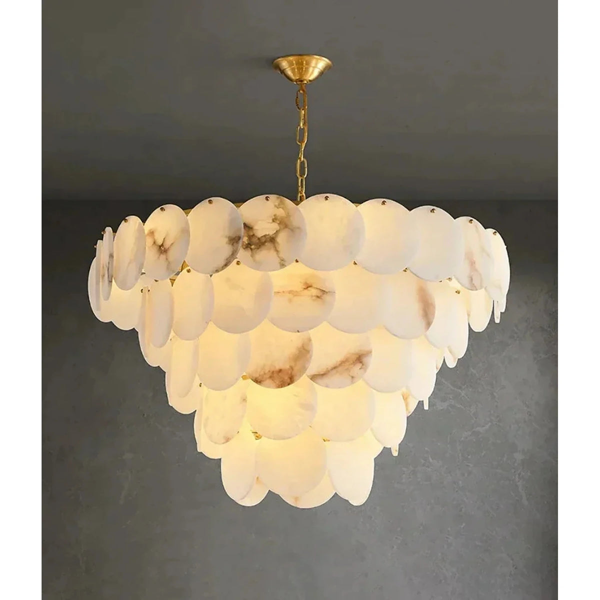 Tiered Disc Chandelier in alabaster for Dining Room by AUVIELIGHT, 5 Layers Dia 100cm x H 80cm / ∅ 39.4″ x H 31.5″ / Brass & White