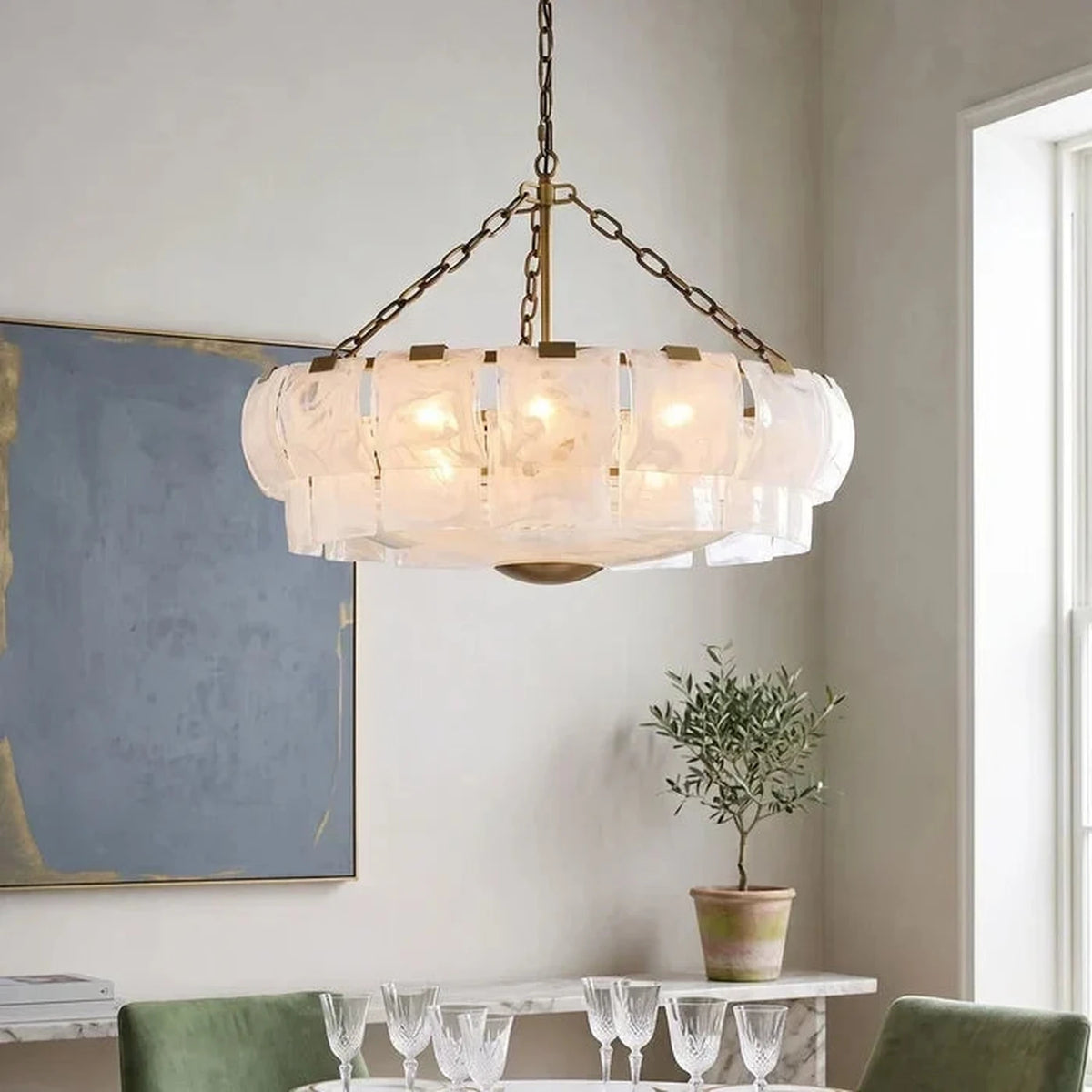 Tile Drum Chandelier in frosted glass for Dining Room by AUVIELIGHT