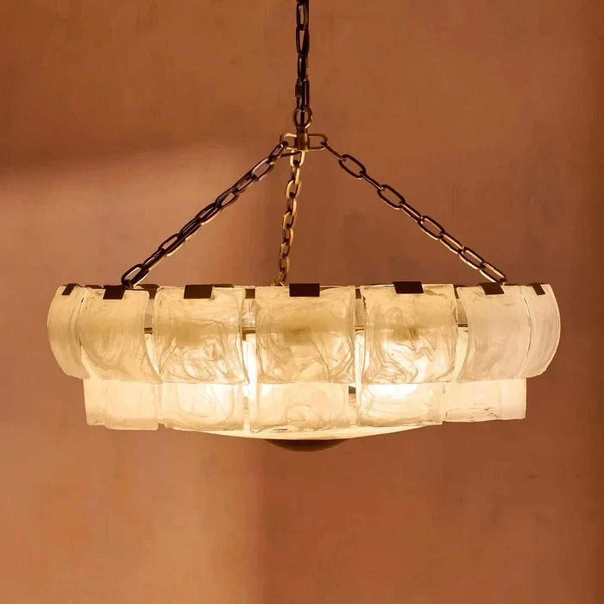 Tile Drum Chandelier in frosted glass for Dining Room by AUVIELIGHT, Dia 80cm x H 25cm / ∅ 32.3" x H 9.8" / Copper & White