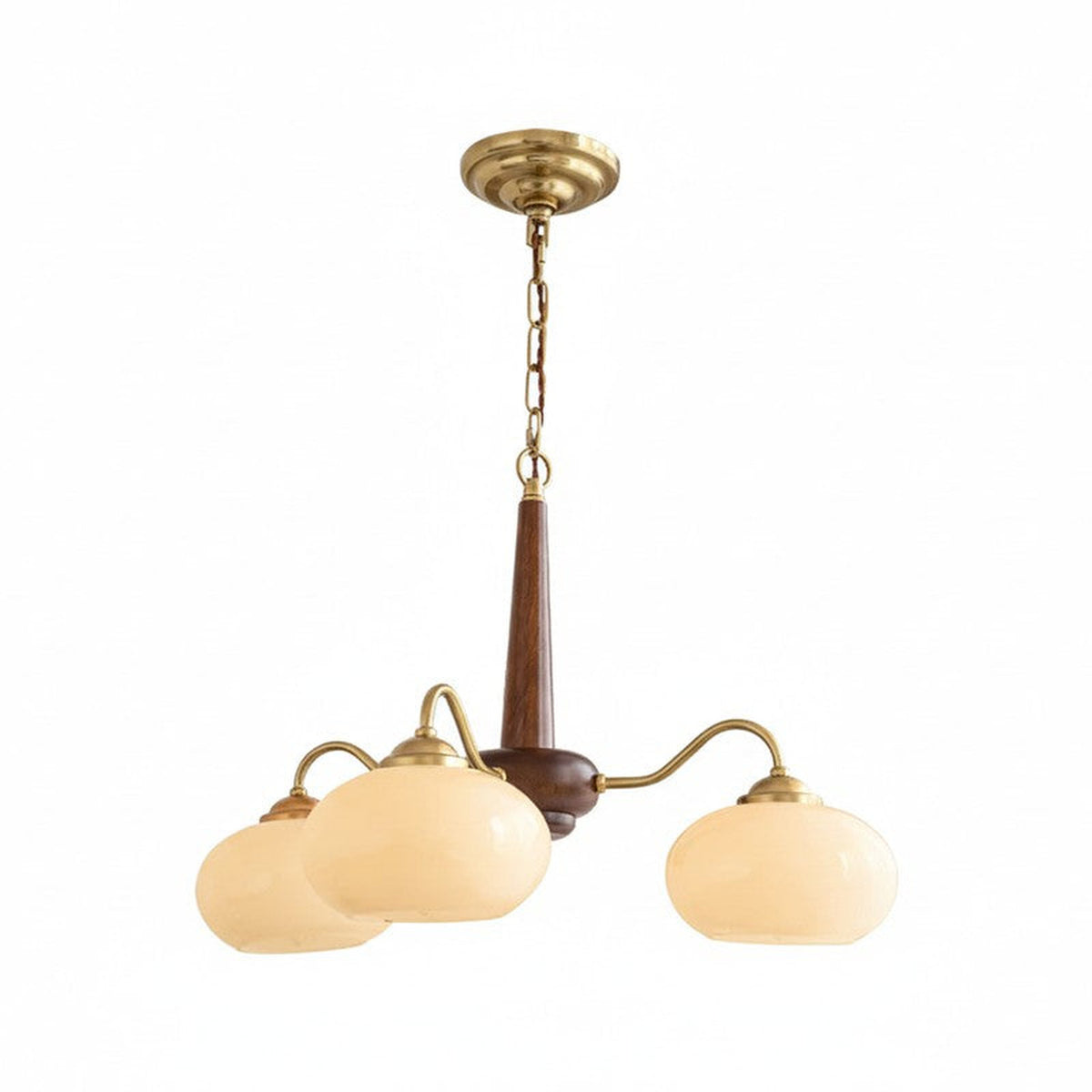 Triad Orb Chandelier in opal for Dining Room light fixture by AUVIELIGHT, 3 heads D 55cm x H 34cm / ∅ 21.7″ x H 13.4″ / Walnut wood / Cream glass