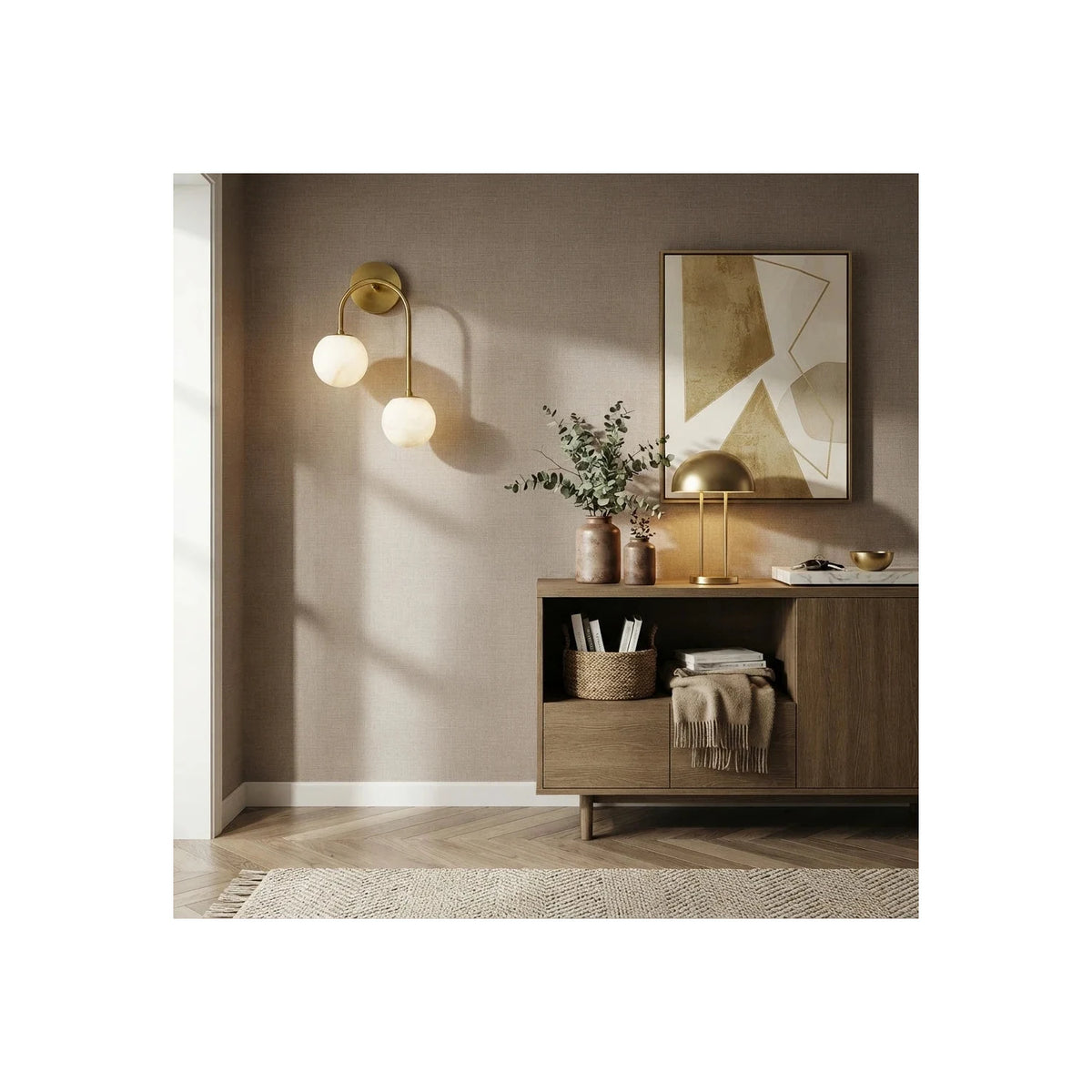 Twin-Arm Brass Alabaster Globe Wall Sconce light fixture by AUVIELIGHT