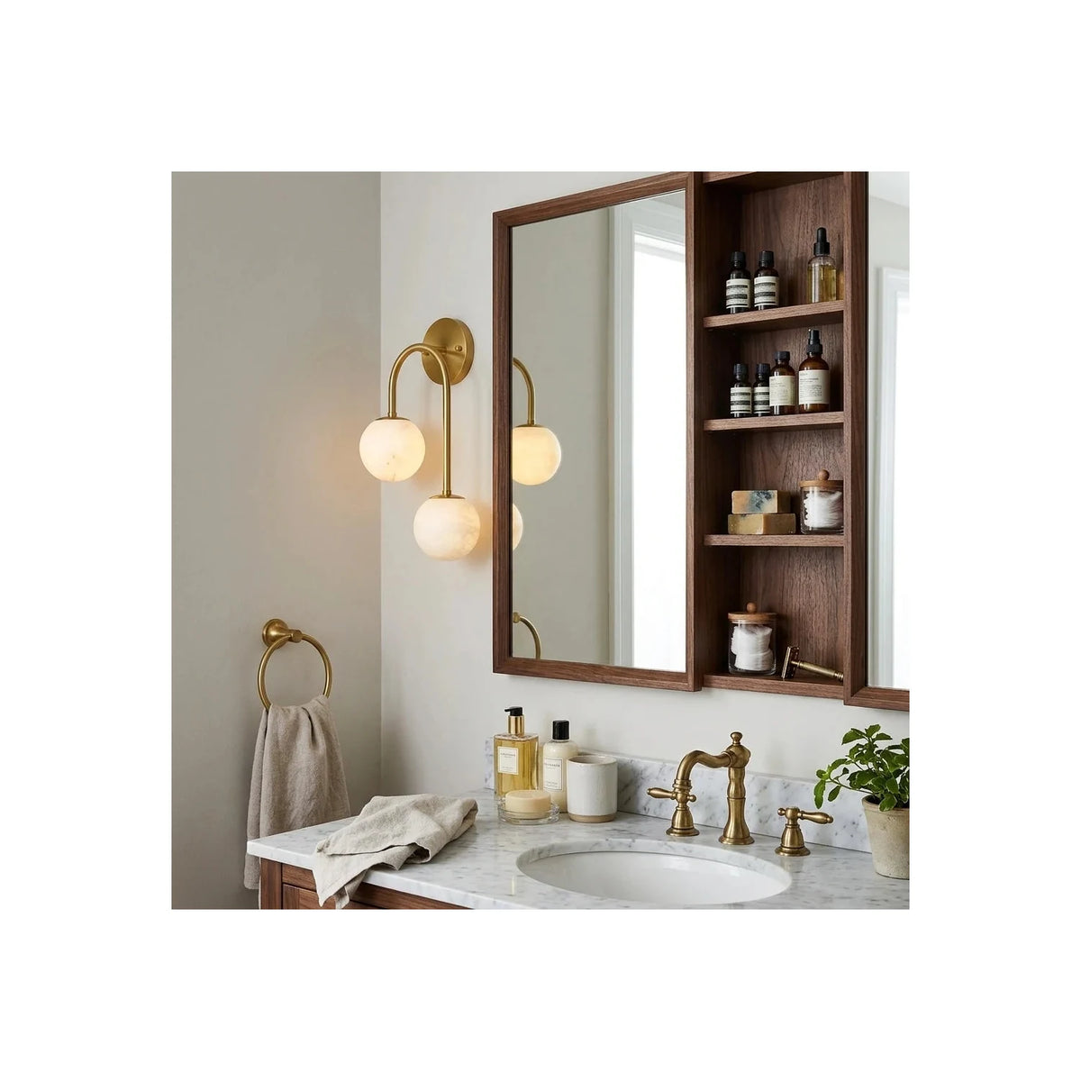 Twin-Arm Brass Alabaster Globe Wall Sconce light fixture by AUVIELIGHT