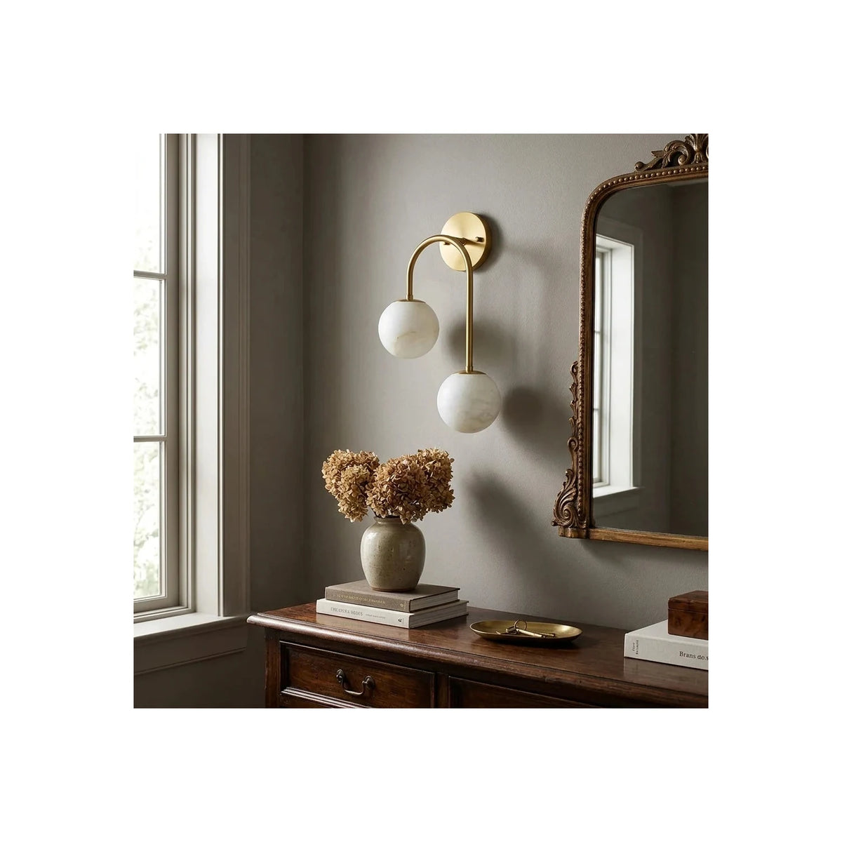 Twin-Arm Brass Alabaster Globe Wall Sconce light fixture by AUVIELIGHT