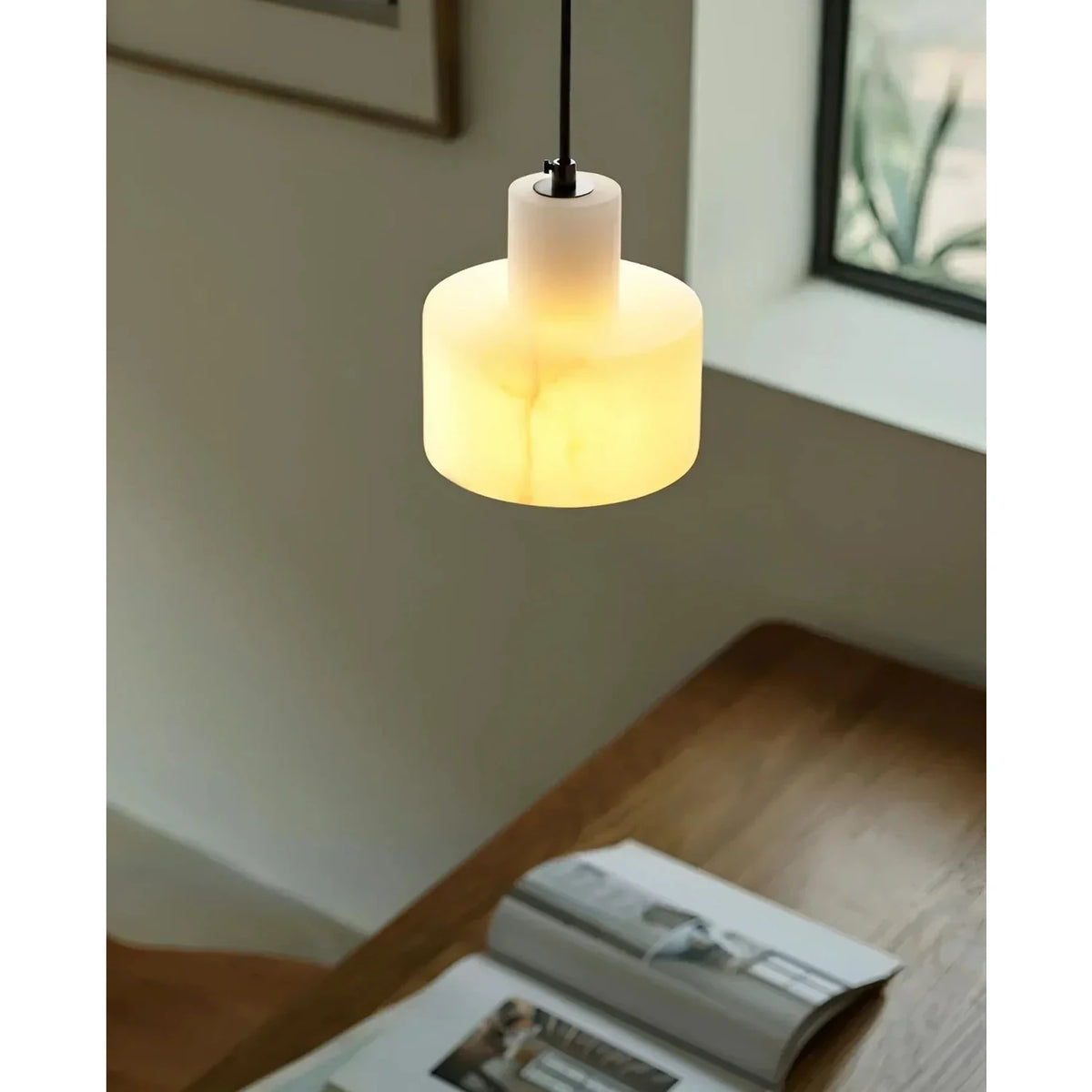 Two-Tier Drum Pendant Light in alabaster for Kitchen Island by AUVIELIGHT