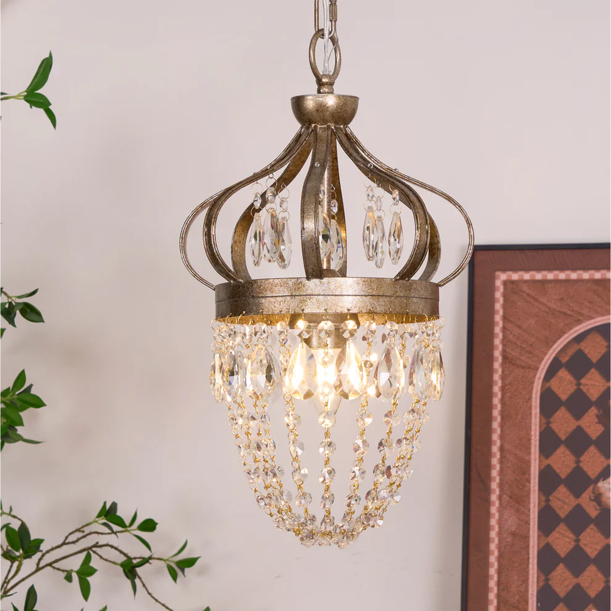 Vintage Crown Pendant Light in silver for Kitchen Island by AUVIELIGHT, D 27cm x H 36cm / ∅ 10.6″ x H 14.2″ / Antique gold