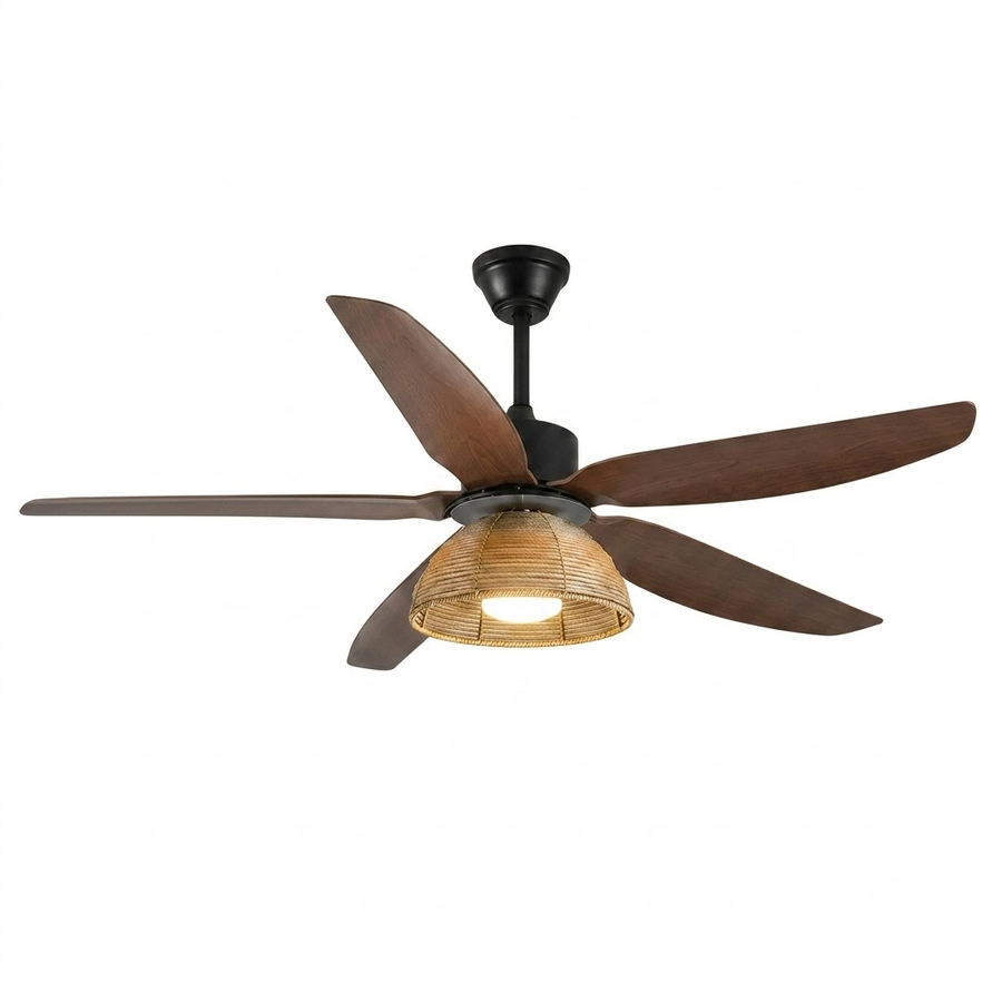 Woven Bamboo Ceiling Fan Light for Living Room by AUVIELIGHT, Model B ∅ 42"xH13.8" / Black & Walnut / Warm Light and 1 other sizes