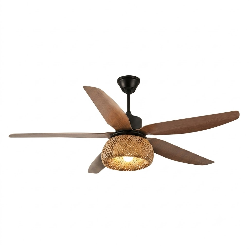 Woven Bamboo Ceiling Fan Light for Living Room by AUVIELIGHT, Model A ∅ 42"xH13.8" / Black & Walnut / Warm Light and 1 other sizes
