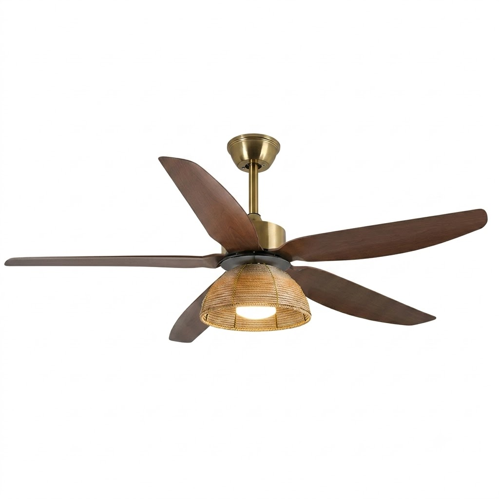 Woven Bamboo Ceiling Fan Light for Living Room by AUVIELIGHT, Model B ∅ 42"xH13.8" / Copper & Walnut / Warm Light and 1 other sizes