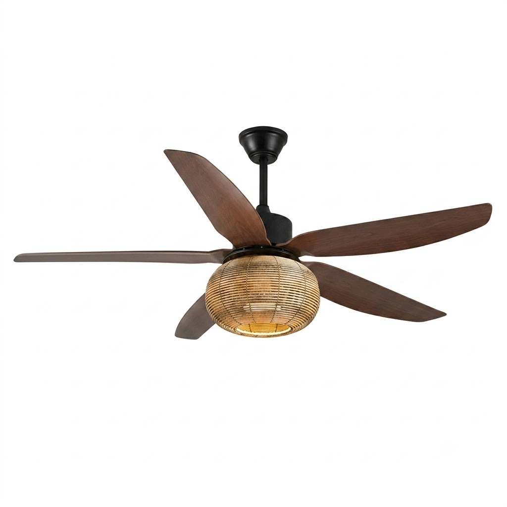 Woven Bamboo Ceiling Fan Light for Living Room by AUVIELIGHT, Model C ∅ 42"xH13.8" / Black & Walnut / Warm Light and 1 other sizes