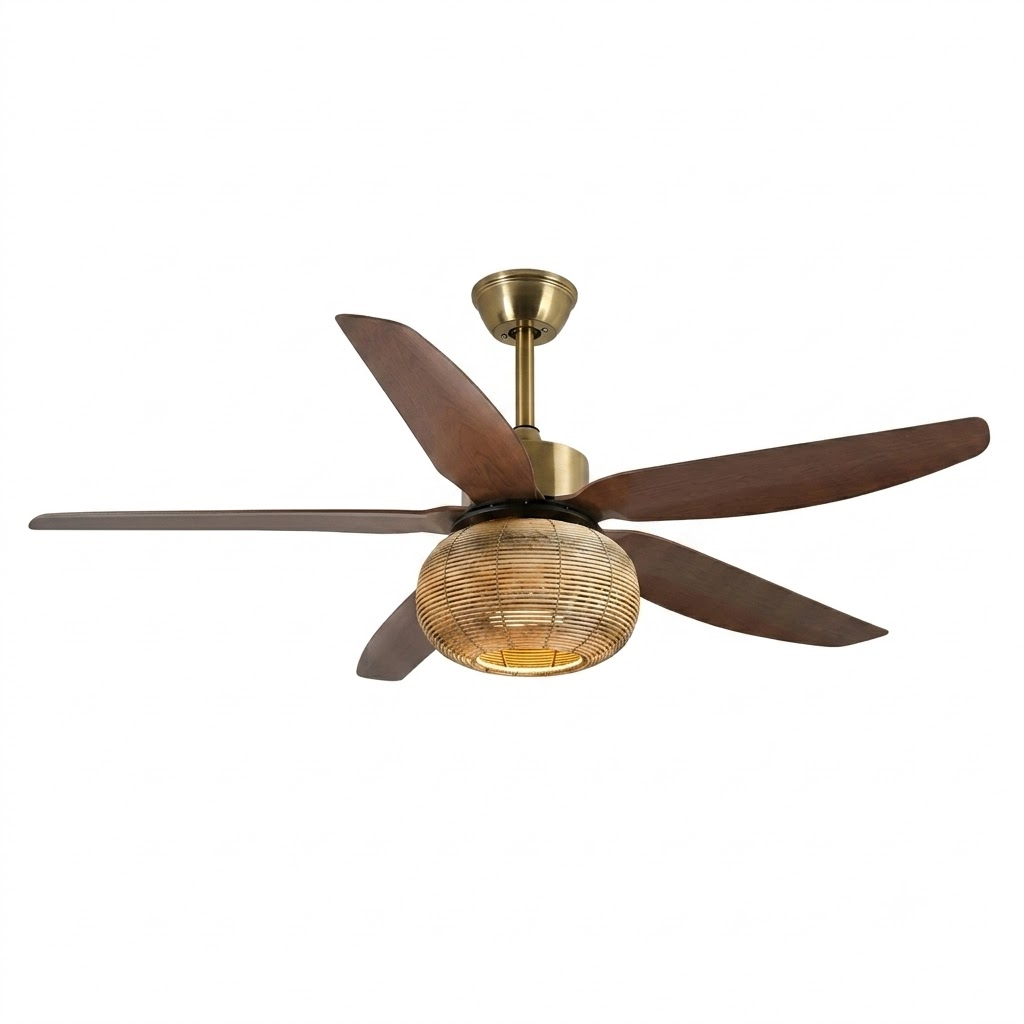 Woven Bamboo Ceiling Fan Light for Living Room by AUVIELIGHT, Model C ∅ 42"xH13.8" / Copper & Walnut / Warm Light and 1 other sizes