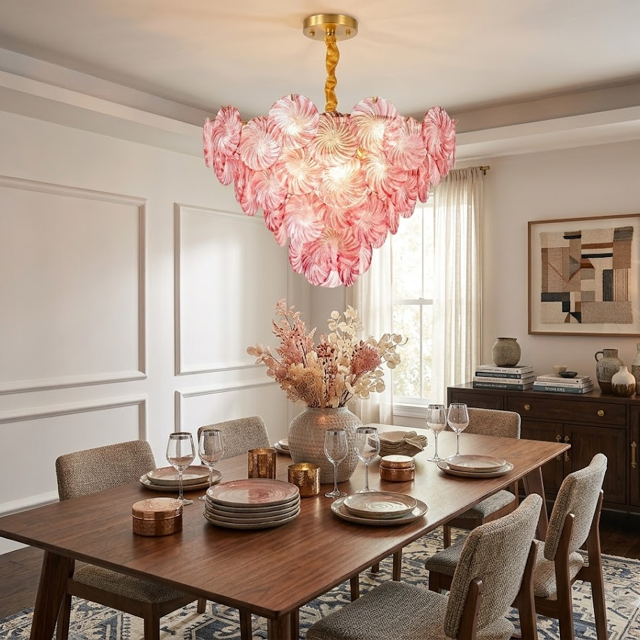Swirl Disc Chandelier in pink glass for Dining Room by AUVIELIGHT