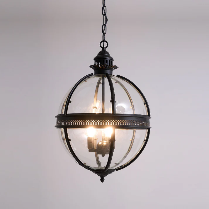 Globe Cage Chandelier in brass for Dining Room by AUVIELIGHT, 42cm x H 62cm / ∅ 16.5″ x H 24.4″ / Black