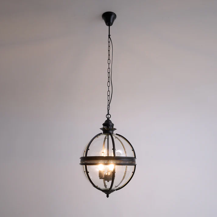 Globe Cage Chandelier in brass for Dining Room by AUVIELIGHT, 35cm x H 53cm / ∅ 13.8″ x H 20.9″ / Black