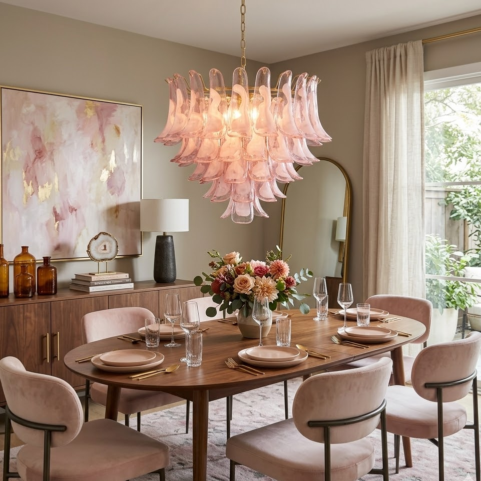 Athena Petal Chandelier in blush pink for Dining Room by AUVIELIGHT