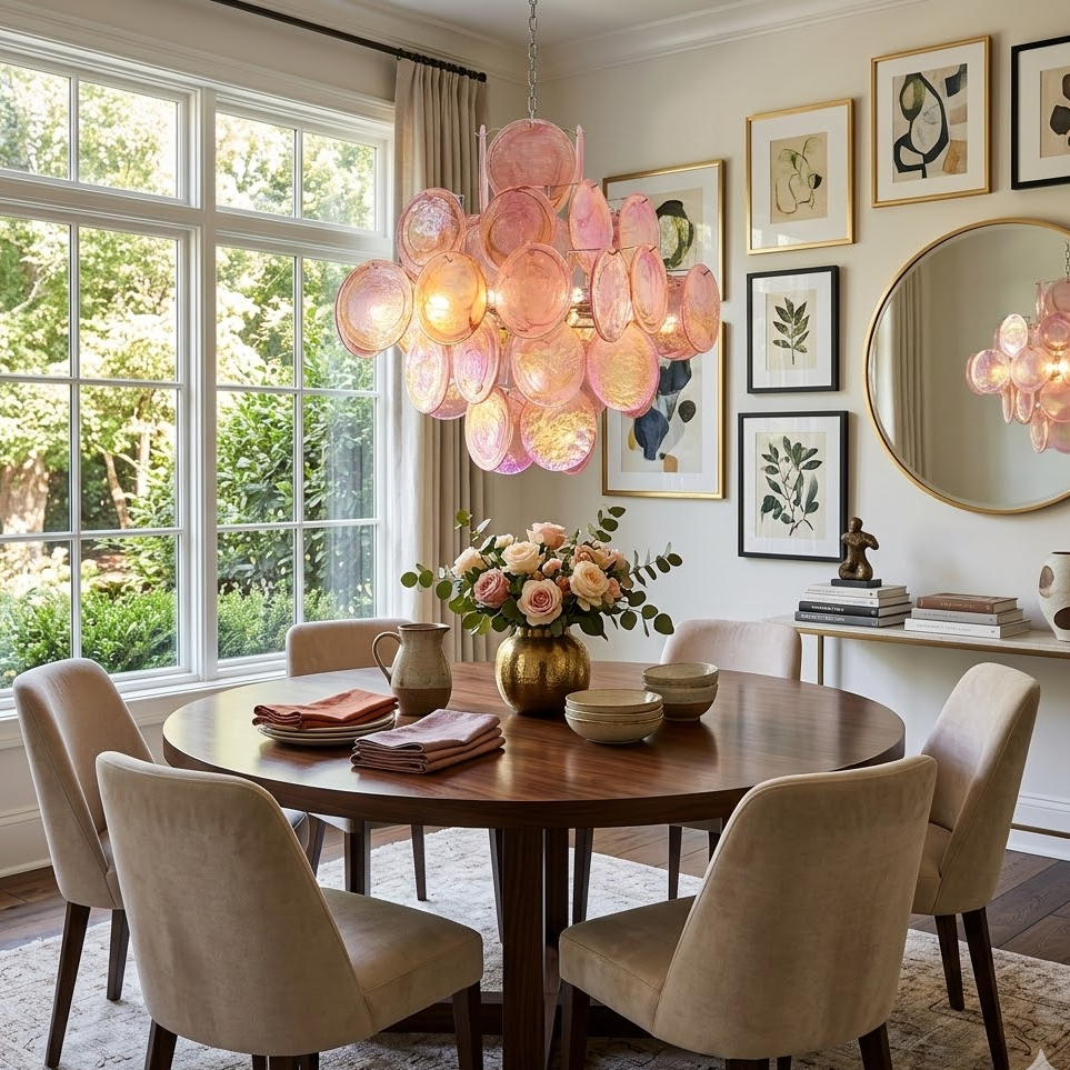 Aura Disc Chandelier in pink for Dining Room by AUVIELIGHT