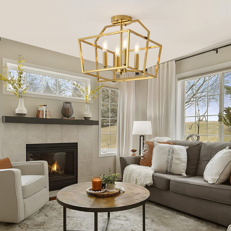 Cube Cage Semi-Flush Mount in brass for Low Ceilings by AUVIELIGHT