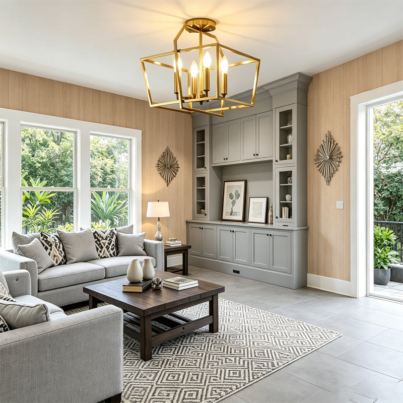 Cube Cage Semi-Flush Mount in brass for Low Ceilings by AUVIELIGHT