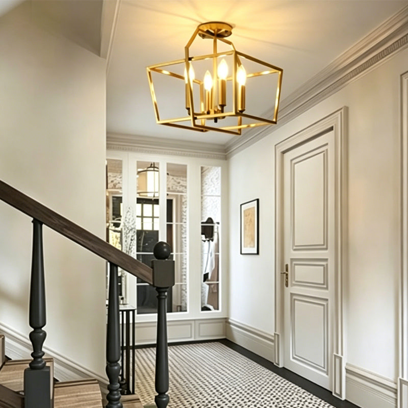 Cube Cage Semi-Flush Mount in brass for Low Ceilings by AUVIELIGHT