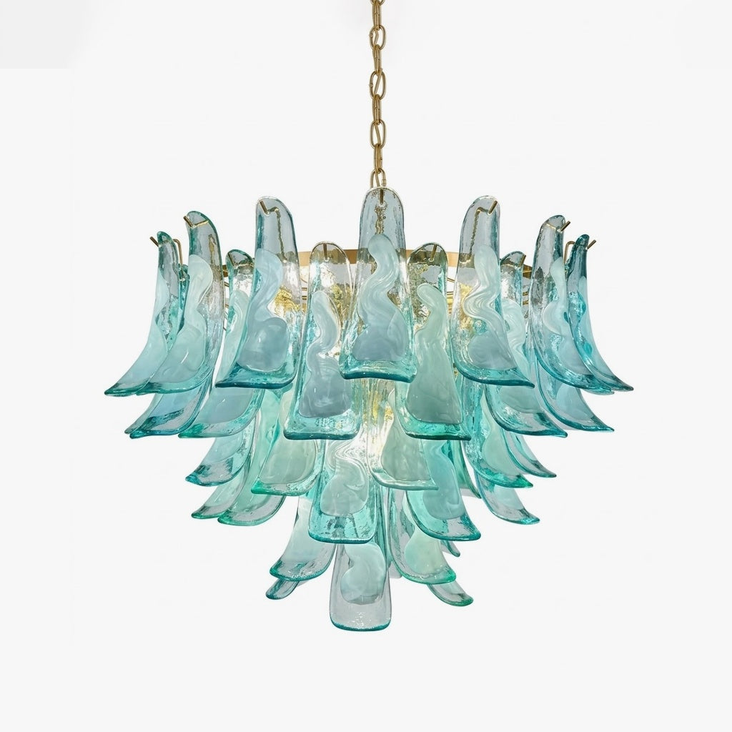 Aqua Petal Chandelier in glass for Dining Room by AUVIELIGHT, Dia 55cm x H 55cm / ∅ 21.7″ x H 21.7″ / Blue & Gold