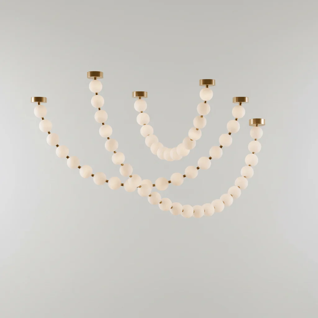 Pearl Necklace Chandelier for Dining Room by AUVIELIGHT, 3 Chain: 14 Balls L L 78.7" + 18 Balls L102.4" + 23 Balls L 129.9" / Gold & White /