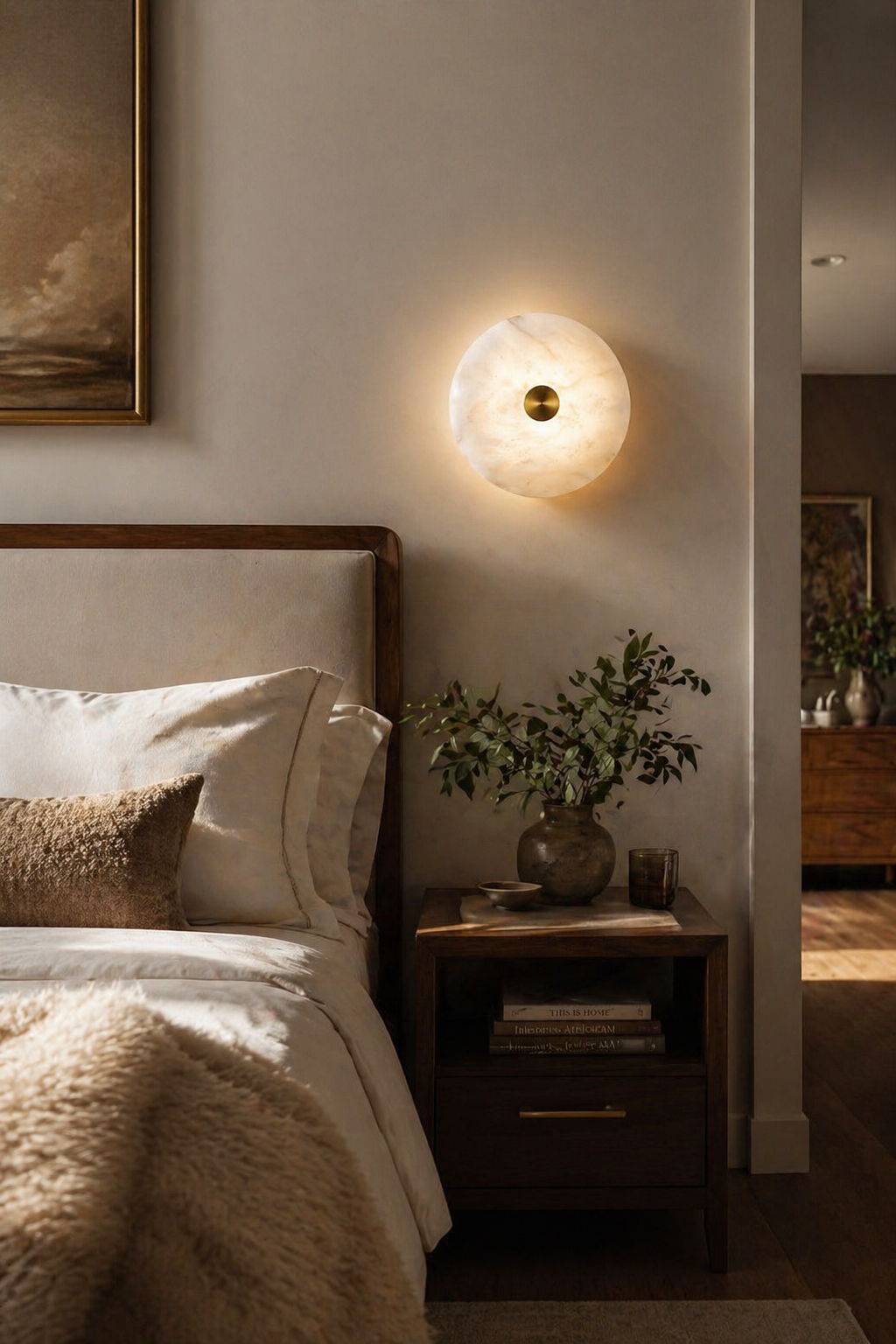 Disc Wall Light in alabaster for Hallway by AUVIELIGHT
