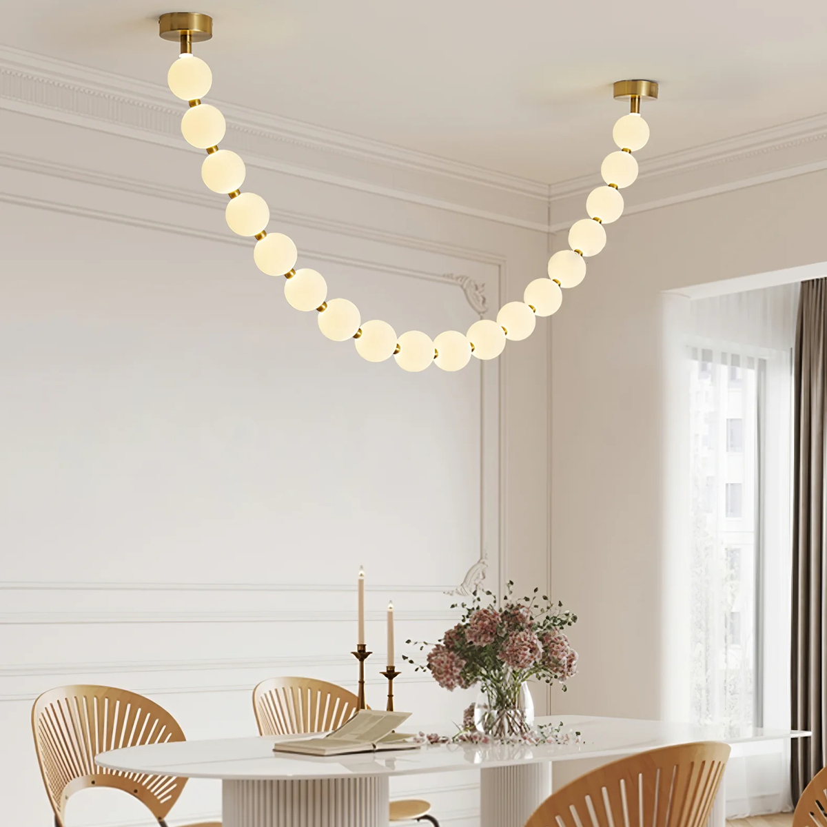 Pearl Necklace Chandelier for Dining Room by AUVIELIGHT, 1 Chain 18Balls Size: L 260cm / L 102.4″ / Gold & White / Warm Light