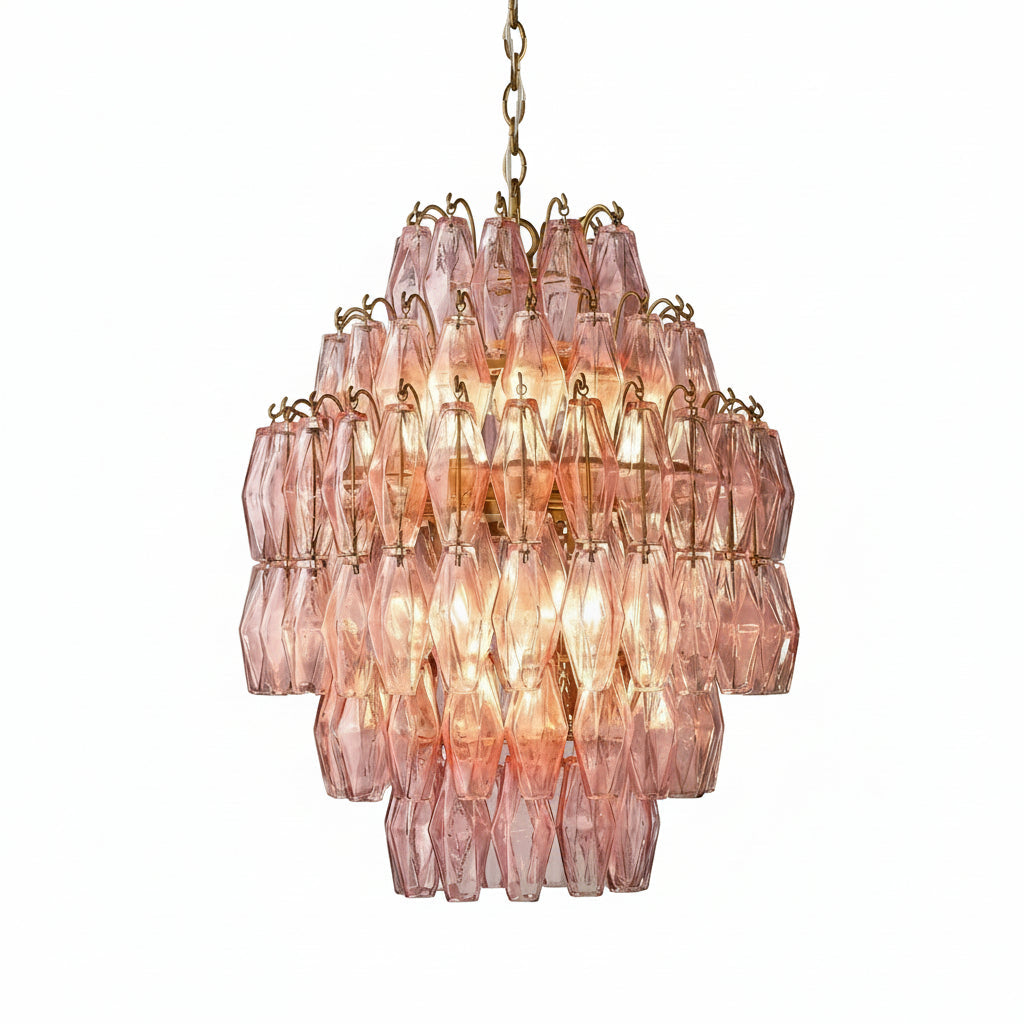 Faceted Prism Chandelier in pink glass for Dining Room by AUVIELIGHT, Dia 55cm x H 65cm / ∅ 21.7″ x H 25.6″ / Gold & Pink and 1 other sizes