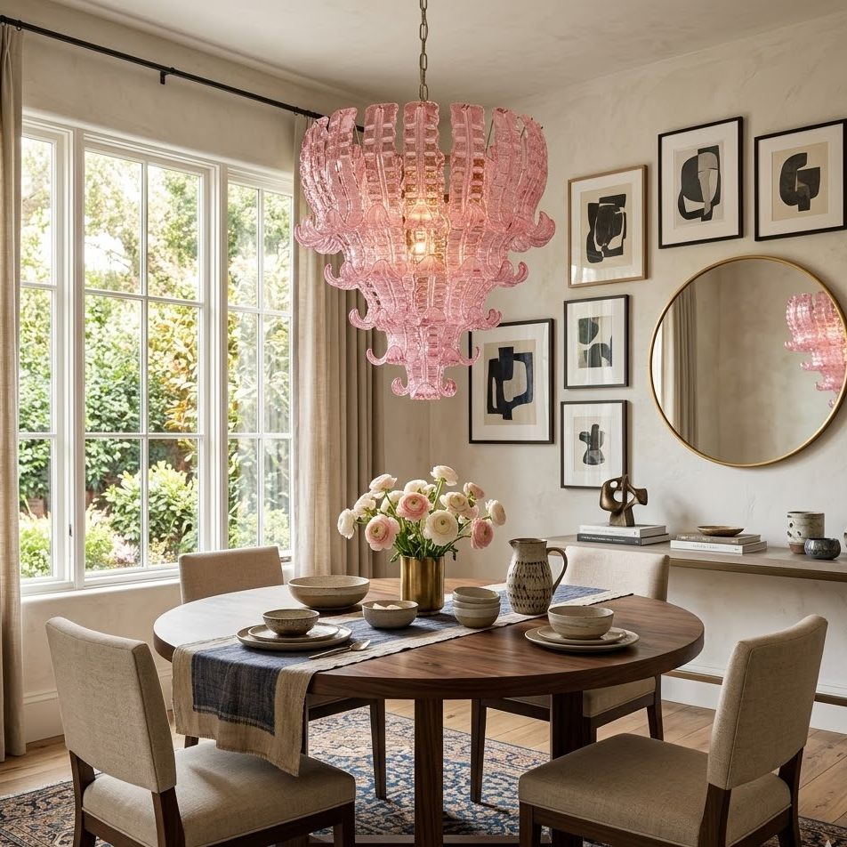 Ribbon Tiered Chandelier in pink glass for Dining Room by AUVIELIGHT