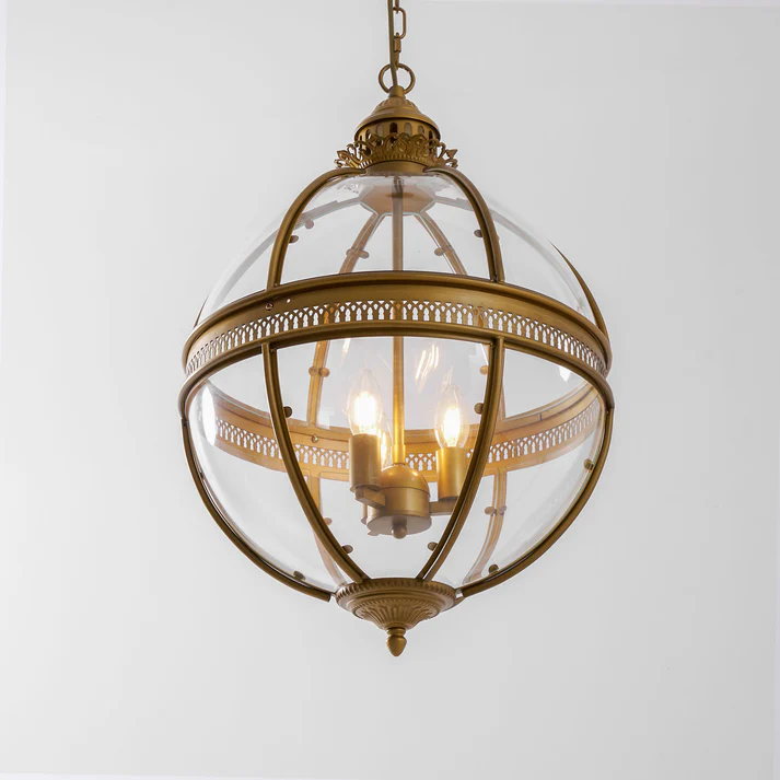 Globe Cage Chandelier in brass for Dining Room by AUVIELIGHT, 42cm x H 62cm / ∅ 16.5″ x H 24.4″ / Matte Gold Paint