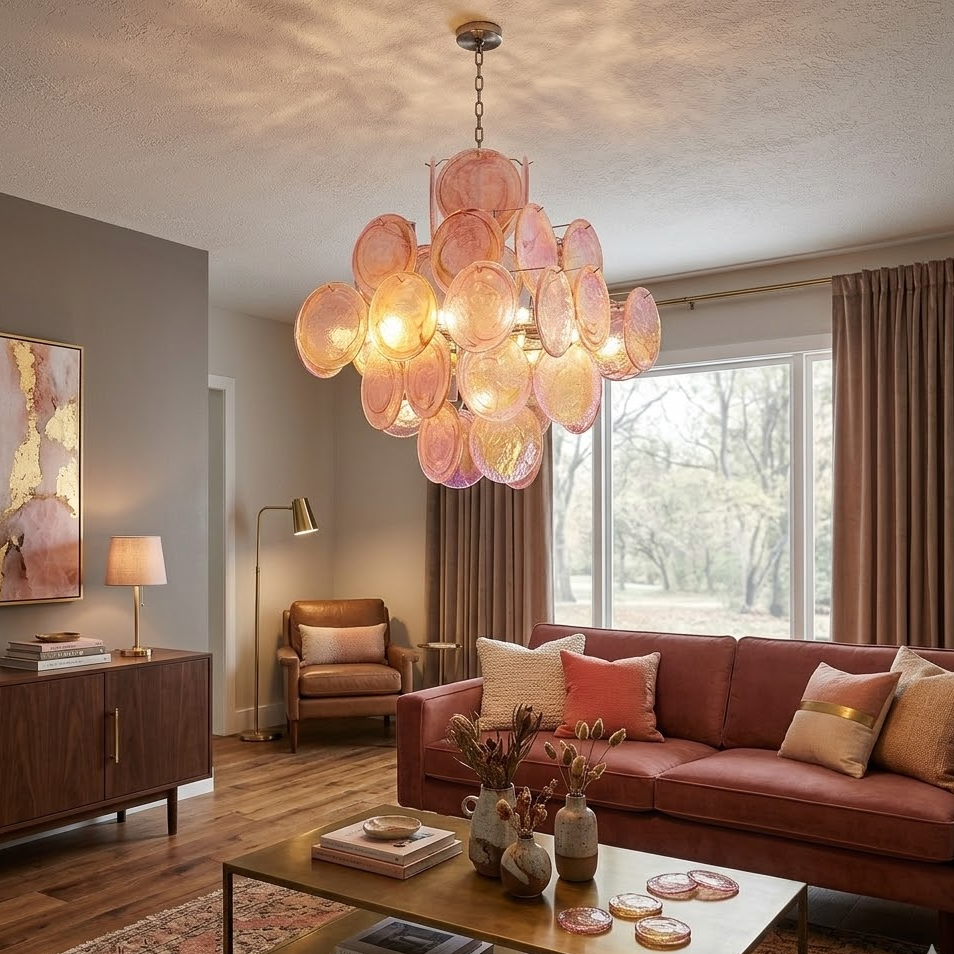 Aura Disc Chandelier in pink for Dining Room by AUVIELIGHT