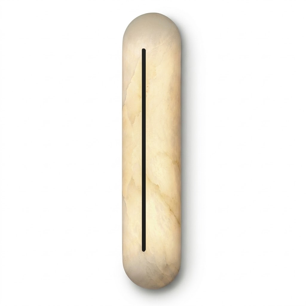 Vertical Wall Sconce in alabaster for Hallway by AUVIELIGHT, Model A Dia 10cm x H 46cm / Dia 3.9 x H 18.1" / Black & White / Warm Light and 1