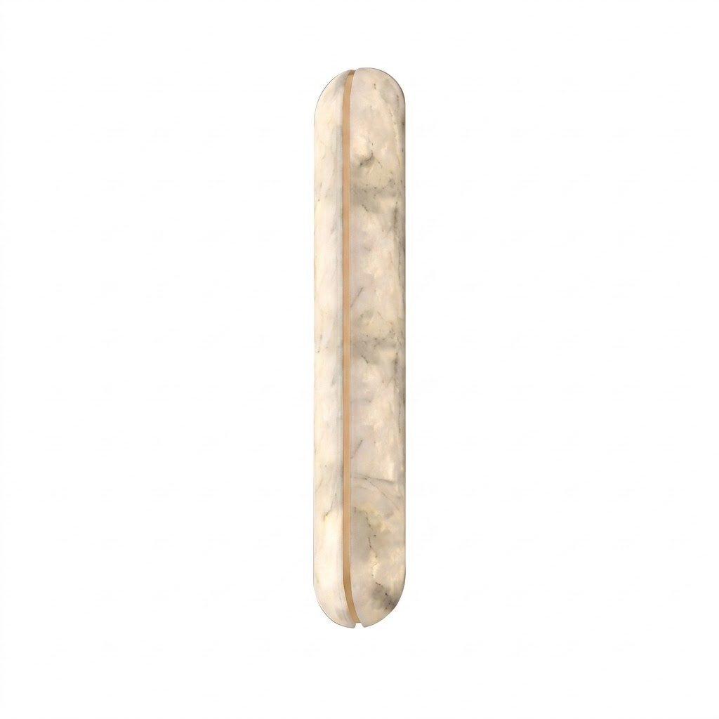 Vertical Wall Sconce in alabaster for Hallway by AUVIELIGHT, Model B Dia 10cm x H 46cm / Dia 3.9 x H 18.1" / Gold & White / Warm Light and 1