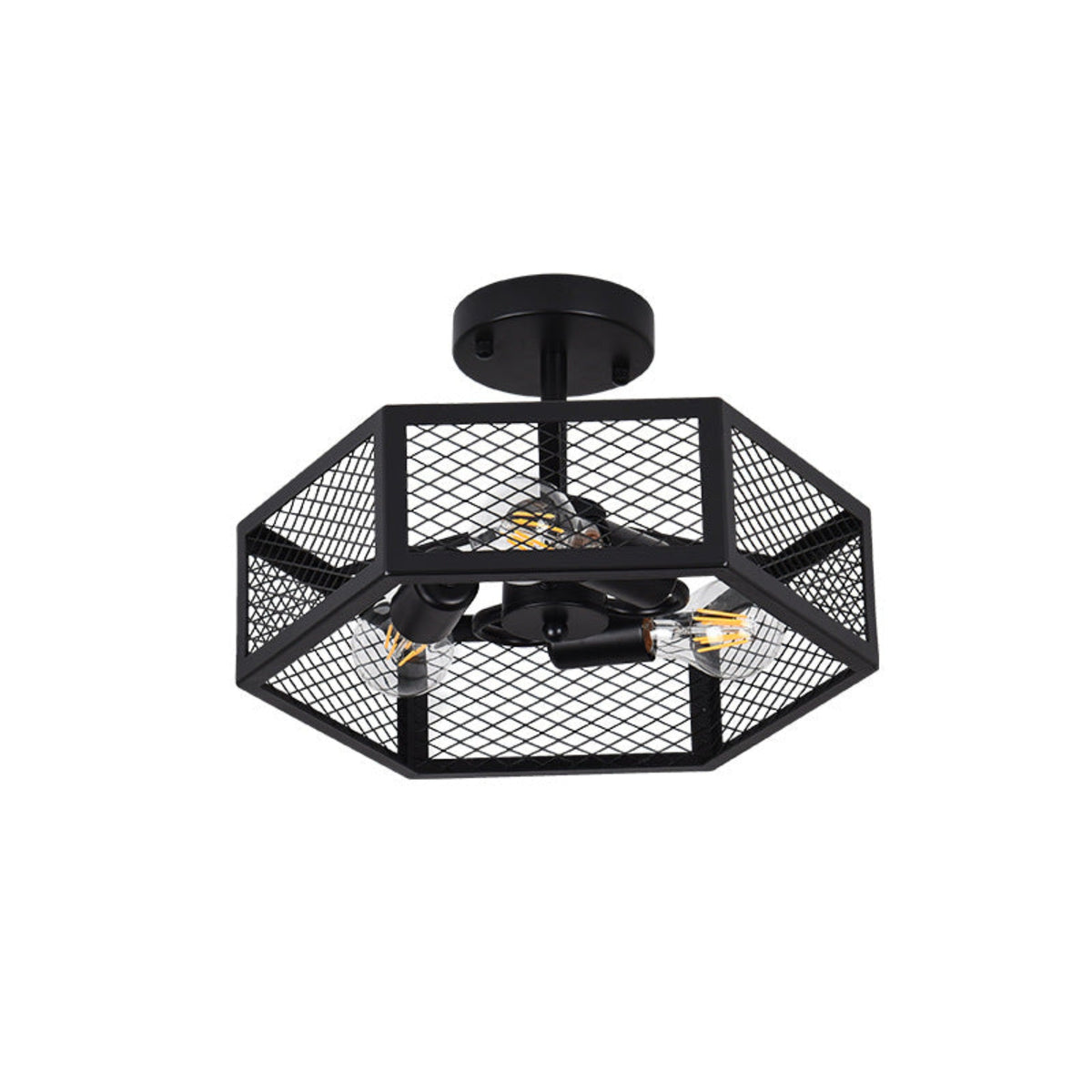 Hexagonal Cage Semi-Flush Mount for Low Ceilings by AUVIELIGHT, W 14.56″ x H 6.88″ / W 37cm x H 17.5cm / Black / Warm Light