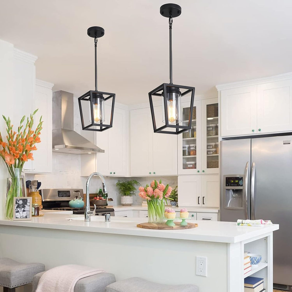 Lantern Cage Pendant Light in iron for Kitchen Island by AUVIELIGHT