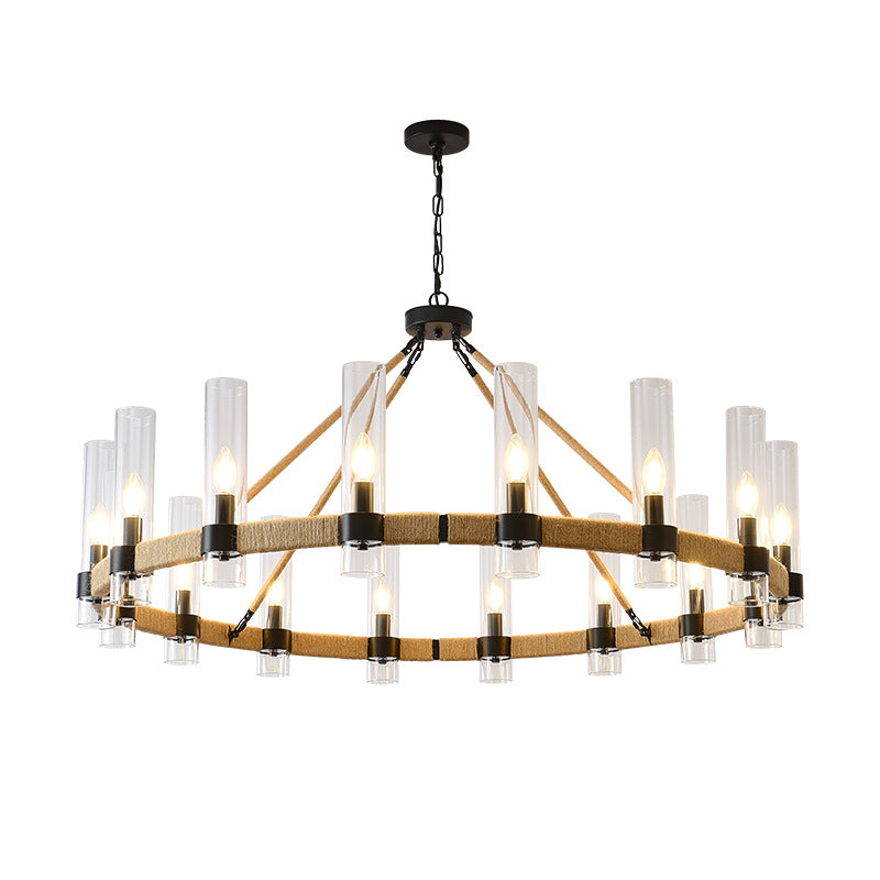 Rope-Wrapped Wagon Wheel Chandelier for Dining Room by AUVIELIGHT, Dia 60 cm / ∅ 23.6″ / Black & White