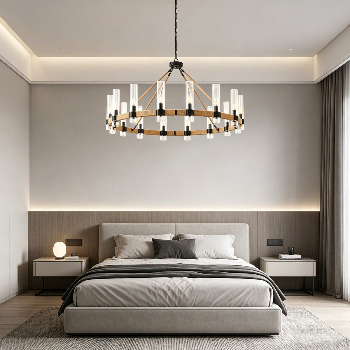 Rope-Wrapped Wagon Wheel Chandelier for Dining Room by AUVIELIGHT
