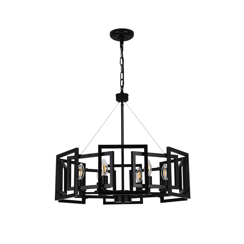 Square Cage Chandelier for Dining Room by AUVIELIGHT, W 24⅜″ × H 21″ (max chain length 41½″) / Black