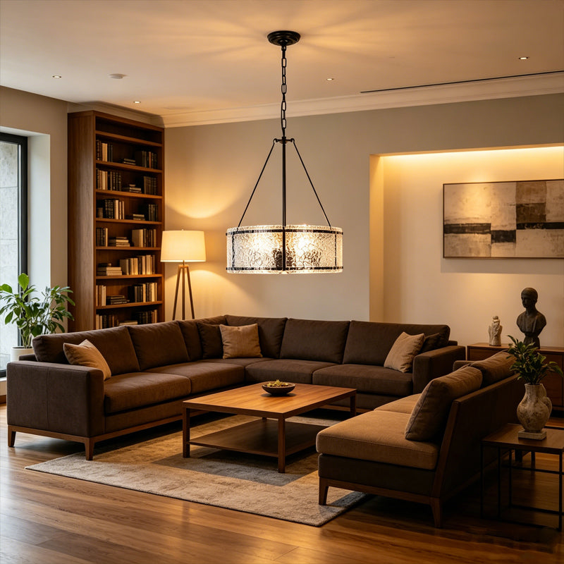 Drum Chandelier in textured glass for Dining Room by AUVIELIGHT